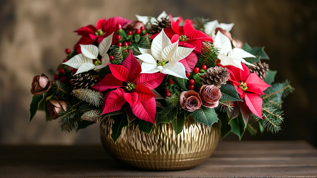 A low vase arrangement of poinsettias, holly, and pine sprigs.