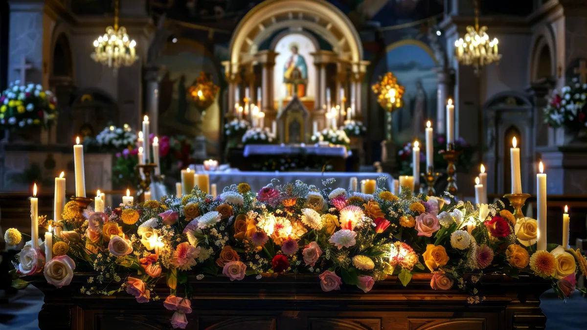 A full arrangement of lilies and roses set on a wooden church altar.