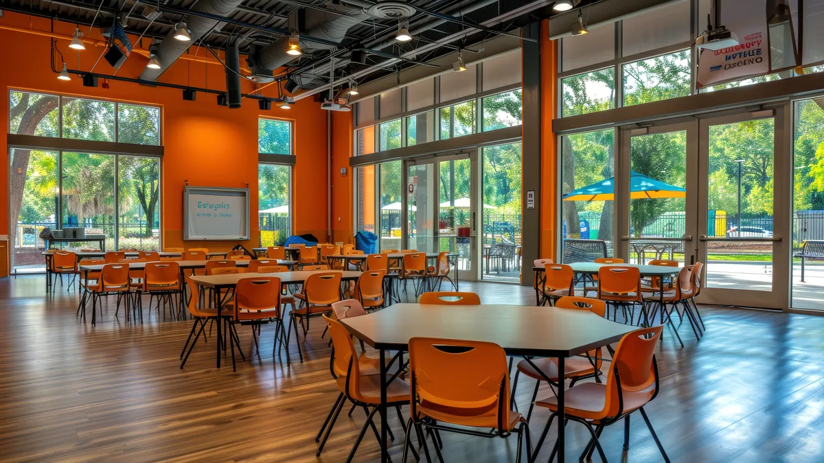A sunlit community hall with round tables set for the afternoon.