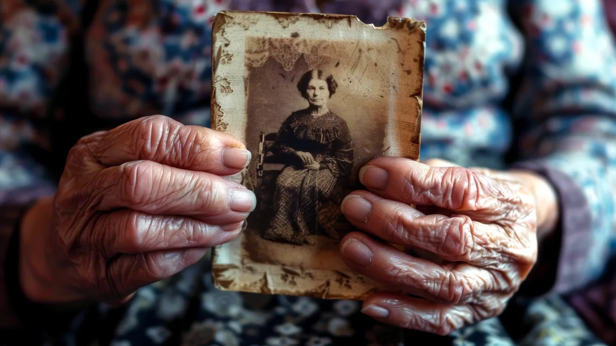 A pair of hands gently cradling an old faded photograph.