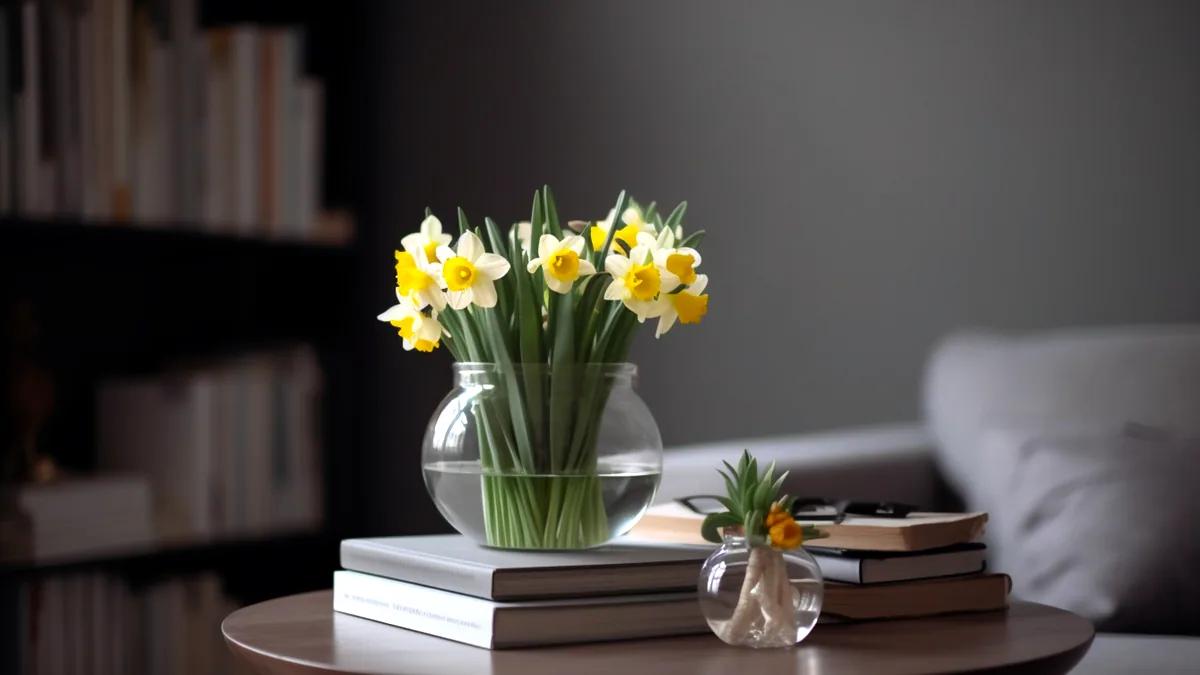 A clear vase of yellow daffodils and pink tulips on a kitchen counter.