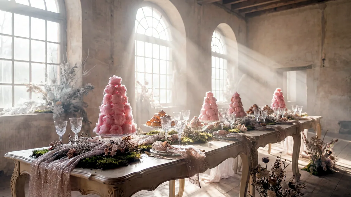 A long event table dressed with a runner of peonies and trailing greenery.
