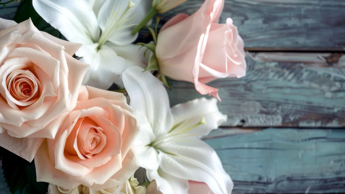 A calm arrangement of white lilies and pale pink roses in a glass vase.