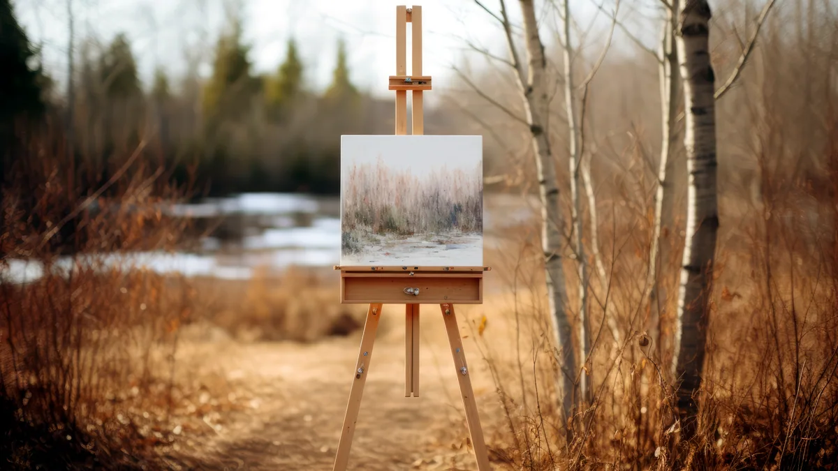 A half-finished watercolor landscape propped on a small wooden easel.