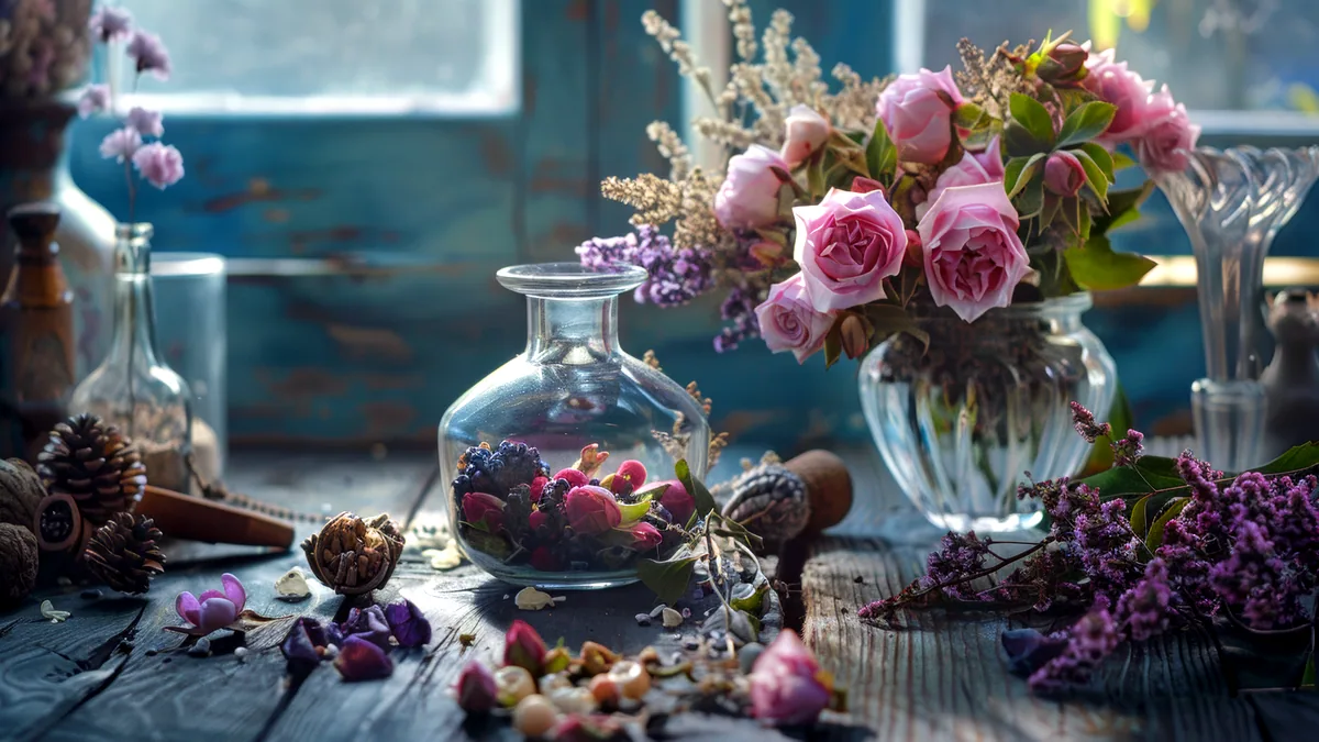 A class table laid out with vases, ribbons, and bunches of spring flowers.