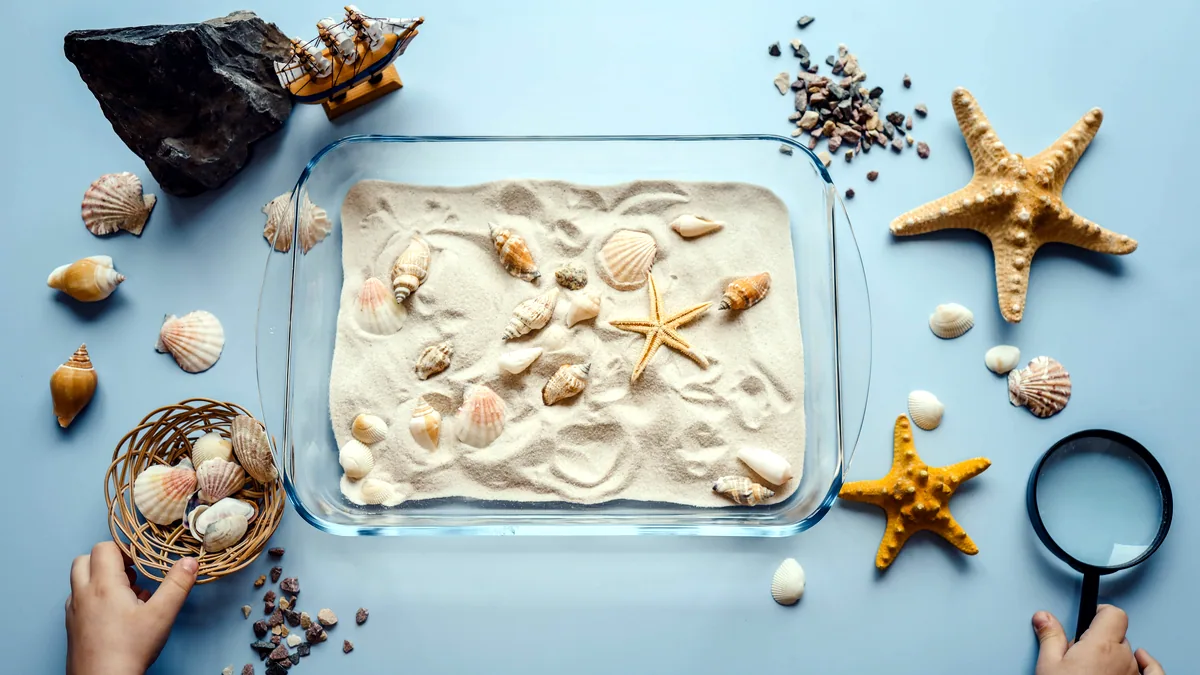 A shallow tray of sand, small shells, and a handful of pebbles.