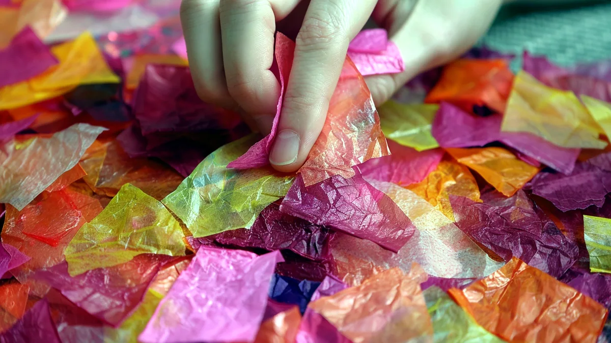 Two hands sorting colorful textured buttons and beads on a table.